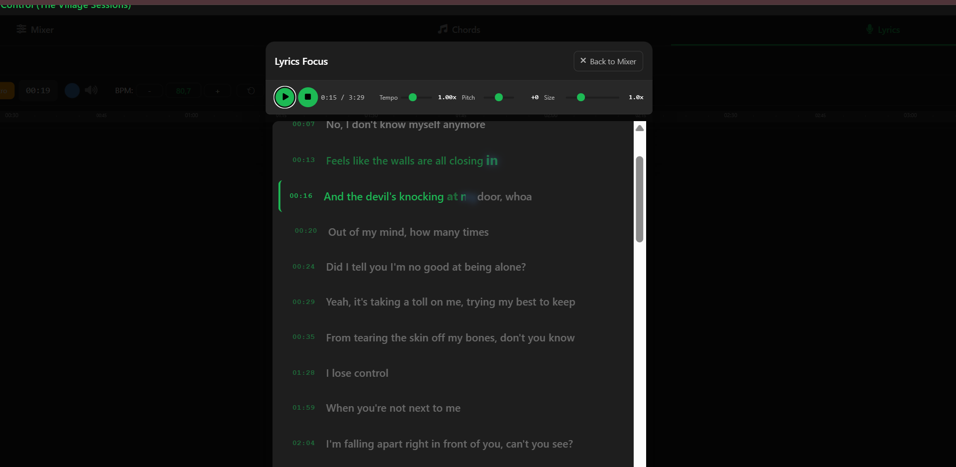 Lyrics focus mode with karaoke highlighting